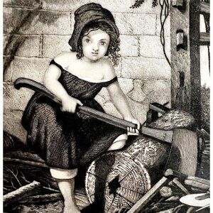 Little Wood Chopper Cute Girl Axe Steel Engraving 1859 Victorian Art DWY5D